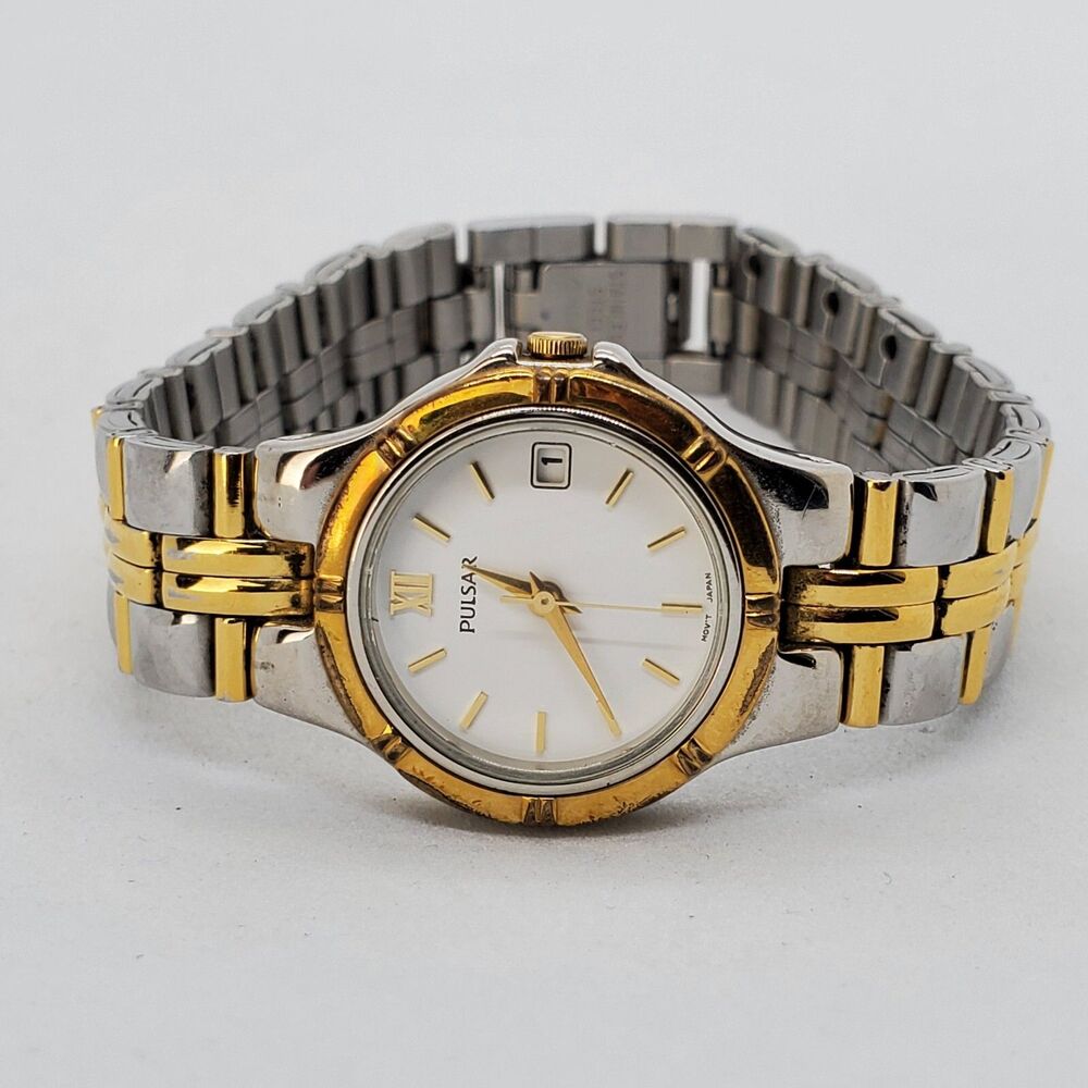 VTG Pulsar Women's Watch 25MM White Dial Gray Gold Bracelet Date 6"‎ New Battery
